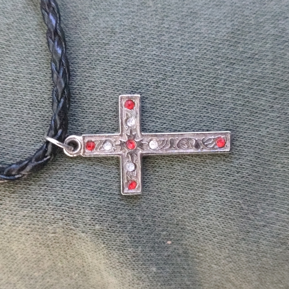 HOMEMADE RUBY & DIAMOND ROPE BRAIDED CROSS NECKLACE - Picture 3 of 4